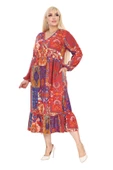 Melsay Butik Kışlık Robalı Yumoş Uzun Kollu Kırmızı Etnik Desen Elbise - 3