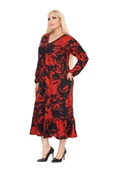 Melsay Butik Kışlık Robalı Yumoş Uzun Kollu Kırmızı Yaprak Desenli Cepli Elbise thumbnail 3