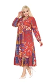 Melsay Butik Kışlık Robalı Yumoş Uzun Kollu Kırmızı Etnik Desen Elbise - 4