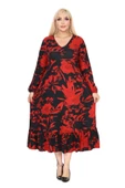 Melsay Butik Kışlık Robalı Yumoş Uzun Kollu Kırmızı Yaprak Desenli Cepli Elbise thumbnail 2