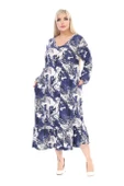 Melsay Butik Kışlık Robalı Yumoş Uzun Kollu Mavi Batik Desenli Cepli Elbise - 2