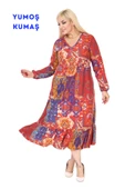 Melsay Butik Kışlık Robalı Yumoş Uzun Kollu Kırmızı Etnik Desen Elbise - 1