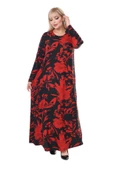 Melsay Butik Yumoş Kumaş Kırmızı Tropik Desen Uzun Kollu Kadın Tesettür Elbise - 4
