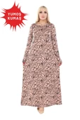 Melsay Butik Yumoş Kumaş Somon Çiçek Desen Uzun Kollu Kadın Tesettür Elbise - 1