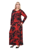 Melsay Butik Yumoş Kumaş Kırmızı Tropik Desen Uzun Kollu Kadın Tesettür Elbise - 3