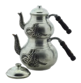 El Işlemeli Desenli Ahşap Saplı Tuğralı Bakır Çaydanlık Gümüş Renk Mod3 - 1