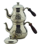 El Işlemeli Tuğra Desenli Ahşap Saplı Bakır Çaydanlık Gümüş Renk Mod8 - 1