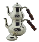 El Işlemeli Desenli Ahşap Saplı Bakır Çaydanlık Gümüş Renk Mod11 - 1