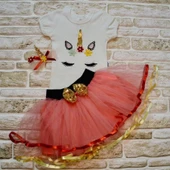 9-12-18 Ay Payetli Pony Nakışlı Tokalı Kısa Kollu Tütü Etek 3lü Kız Bebek Takımı Nar Çiçeği - 1