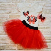 9-12-18 Ay Payetli Kelebek Nakışlı Taçlı Kısa Kollu Tütü Etek 3lü Kız Bebek Takımı Kırmızı - 1