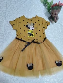 2-3-4 Yaş Puantiyeli Mickey Baskılı Kurdela Kuşaklı Astarlı Kız Bebek Tütü Elbisesi Hardal - 3