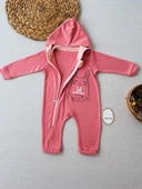 6-9 9-12 Ay Ef Çizgi Boy Fermuarlı Tavşan Nakışlı Kapşonlu Kız Erkek Bebek Tulumu Gül Kurusu - 2