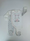 0-3 3-6 Ay Minik Tavşan Nakışlı Boydan Çıtçıt Kapamalı Kız Erkek Bebek Tulumu Ekru thumbnail 2