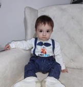 9-12-18 Ay Papyonlu Sweat Kot Pantolon 2li Erkek Bebek Salopet Takımı Lacivert - 4