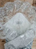 Yenidoğan Piramit Desenli Güpür İşlemeli Bebek Battaniyesi Kundak Gümüş thumbnail 2