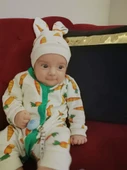 3-6-9-12 Ay Kulaklı Şapkalı Havuç Baskılı Boydan Çıtçıtlı Uzun Kollu Kız Erkek Bebek Tulumu Beyaz - 3