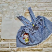 1-2-3 Yaş Bayan Arı Nakışlı Kot Desenli Etek Pamuklu Kumaş 2li Kız Bebek Salopet Takımı Mavi - 2