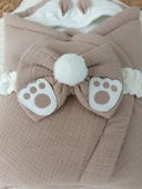 Yenidoğan 4 Kat Müslin Kumaş Kulaklı Patili Fiyonk Bebek Battaniyesi Kundak Yeşil thumbnail 2