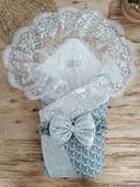 Yenidoğan Piramit Desenli Güpür İşlemeli Bebek Battaniyesi Kundak Gümüş thumbnail 1