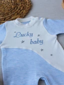 0-3 3-6 Ay Lucky Baby Nakışlı Es Çizgi Boy Şapkalı Erkek Bebek Tulumu Mavi - 2