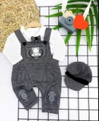 3-6-9-12 Ay Papyonlu Kırçıl Nakış Detaylı Kasket Şapkalı Uzun Kollu 3lü Erkek Bebek Salopet Takımı Gri - 1