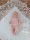 Yenidoğan Ay Işığı Papatya Dantelli Taşlı Fiyonk Bebek Battaniyesi Kundak Ekru thumbnail 4