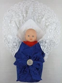 Yenidoğan Saray Kadife Taç Nakışlı İnci Fiyonklu Çift Dantel Duvak Trilüks Kundak Bebek Battaniyesi Lacivert thumbnail 2