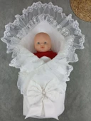 Yenidoğan Bambu Taç Nakışlı Delüks Kundak Bebek Battaniyesi Ekru thumbnail 2