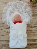 Yenidoğan Sahra My Princess Nakışlı Lüks Kundak Bebek Battaniyesi Ekru thumbnail 1