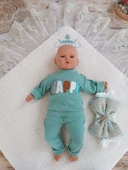 Yenidoğan Kuzulu Taç Nakış Güpürlü Fiyonklu Duvaklı Prizma Taş Unisex Kundak Bebek Battaniyesi Su Yeşili thumbnail 3