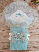 Yenidoğan Kuzulu Taç Nakış Güpürlü Fiyonklu Duvaklı Prizma Taş Unisex Kundak Bebek Battaniyesi Su Yeşili thumbnail 1