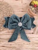 Yenidoğan Saray Kadife Taç Nakışlı İnci Fiyonklu Dantel Duvak Trilüks Kundak Bebek Battaniye Yeşil thumbnail 5