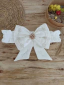 Yenidoğan Sahra Taç Nakışlı Plazma Taşlı Güpürlü Fiyonklu Duvaklı Trilüks Kundak Bebek Battaniyesi Sütlü Kahve thumbnail 7