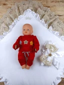 Sahra Taç Nakışlı İnci Ve Dantel Fiyonklu Çift Dantel Duvaklı Trilüks Kundak Bebek Battaniyesi Gold thumbnail 3