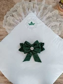 Yenidoğan Saray Kadife Taç Nakışlı İnci Fiyonklu Çift Dantel Duvak Trilüks Kundak Bebek Battaniyesi Yeşil thumbnail 4