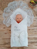 Yenidoğan Pamuk Taç Benim Prensim Nakışlı Trilüks Kundak Bebek Battaniyesi Ekru thumbnail 2