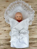 Yenidoğan Pırıltı Taç Nakışlı İnci Delüks Kundak Bebek Battaniyesi Ekru thumbnail 2