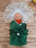 Yenidoğan Saray Kadife Taç Nakışlı İnci Fiyonklu Çift Dantel Duvak Trilüks Kundak Bebek Battaniyesi Yeşil thumbnail 2