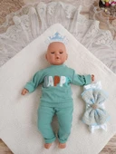 Yenidoğan Kuzulu Taç Nakış Güpürlü Fiyonklu Duvaklı Prizma Taş Unisex Kundak Bebek Battaniyesi Mavi thumbnail 3