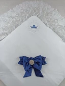 Yenidoğan Saray Kadife Taç Nakışlı İnci Fiyonklu Dantel Duvak Trilüks Kundak Bebek Battaniye Lacivert thumbnail 2