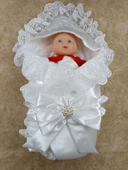 Yenidoğan Pırıltı Nakış Detaylı Lüks Kundak Bebek Battaniyesi Ekru thumbnail 2