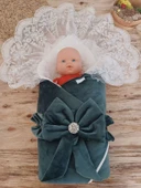 Yenidoğan Saray Kadife Taç Nakışlı İnci Fiyonklu Dantel Duvak Trilüks Kundak Bebek Battaniye Yeşil thumbnail 2