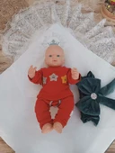 Yenidoğan Saray Kadife Taç Nakışlı İnci Fiyonklu Dantel Duvak Trilüks Kundak Bebek Battaniye Yeşil thumbnail 3