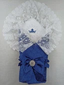 Yenidoğan Saray Kadife Taç Nakışlı İnci Fiyonklu Dantel Duvak Trilüks Kundak Bebek Battaniye Lacivert thumbnail 1