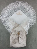 Yenidoğan Saray Kadife Taç Nakışlı İnci Fiyonklu Çift Dantel Duvak Trilüks Kundak Bebek Battaniyesi Vizon-ekru thumbnail 1