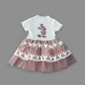 1-2-3 Yaş Payetli Mickey Baskılı Brode Etekli Kız Bebek Elbisesi Gül Kurusu - 2