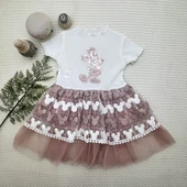 1-2-3 Yaş Payetli Mickey Baskılı Brode Etekli Kız Bebek Elbisesi Gül Kurusu - 1