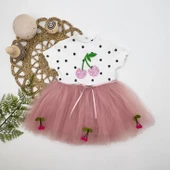 1-2-3 Yaş Payetli Kiraz Nakışlı Kiraz Etekli Kız Bebek Tütü Elbisesi Gül Kurusu thumbnail 1