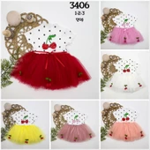 1-2-3 Yaş Payetli Kiraz Nakışlı Kiraz Etekli Kız Bebek Tütü Elbisesi Gül Kurusu thumbnail 3