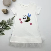 1-2-3 Yaş Arıcık Nakışlı Eteği Fırfırlı Jile Kız Çocuk Elbisesi Beyaz - 1